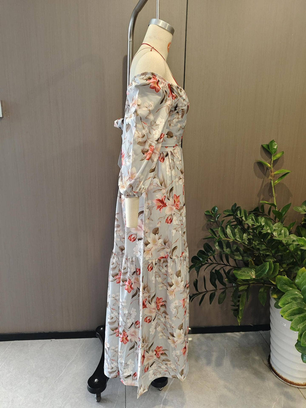 Elegant print V-neck long dress with wide skirt: Red / XL