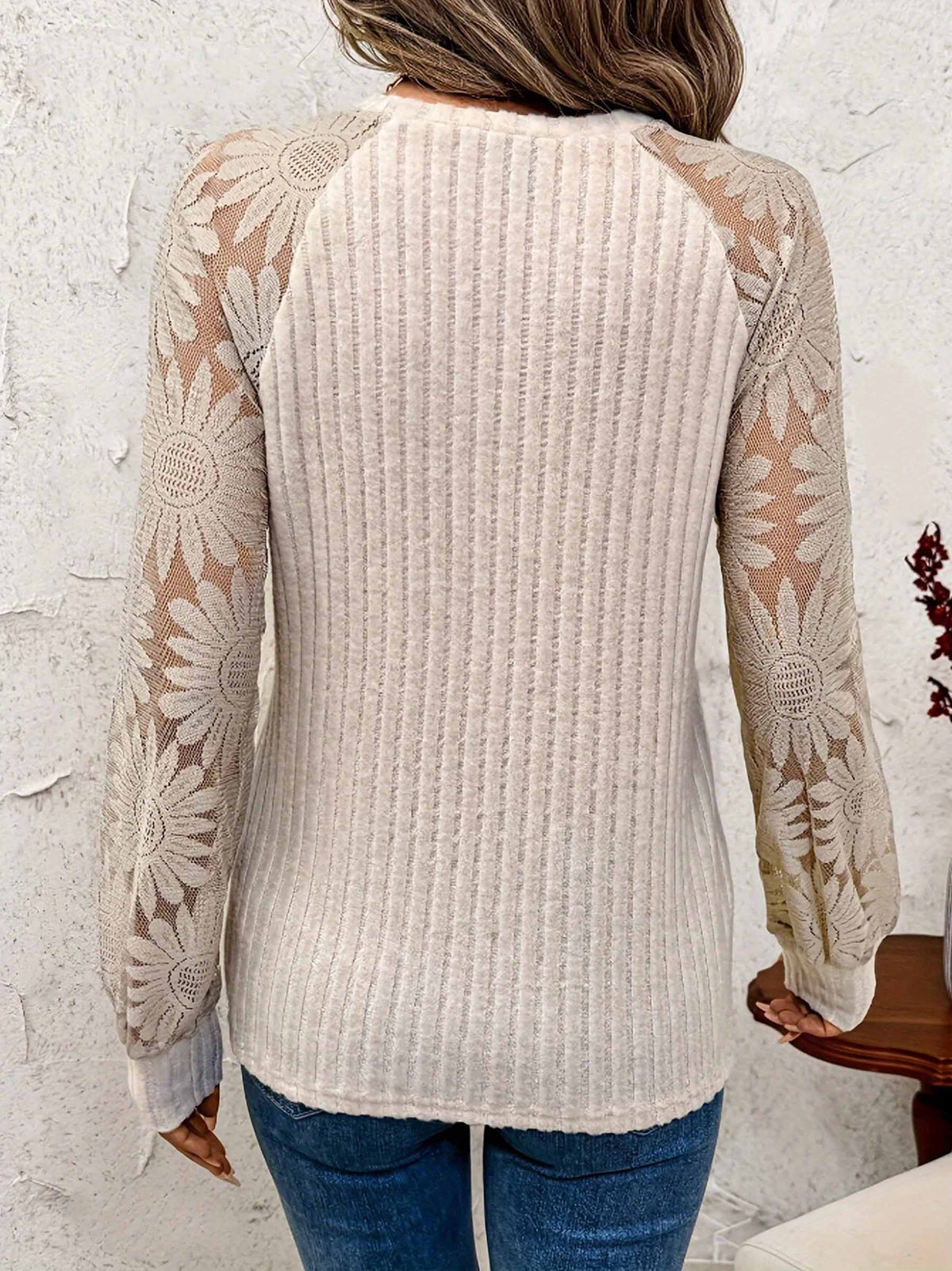 Lace Patchwork Long Sleeved Top: Beige / S