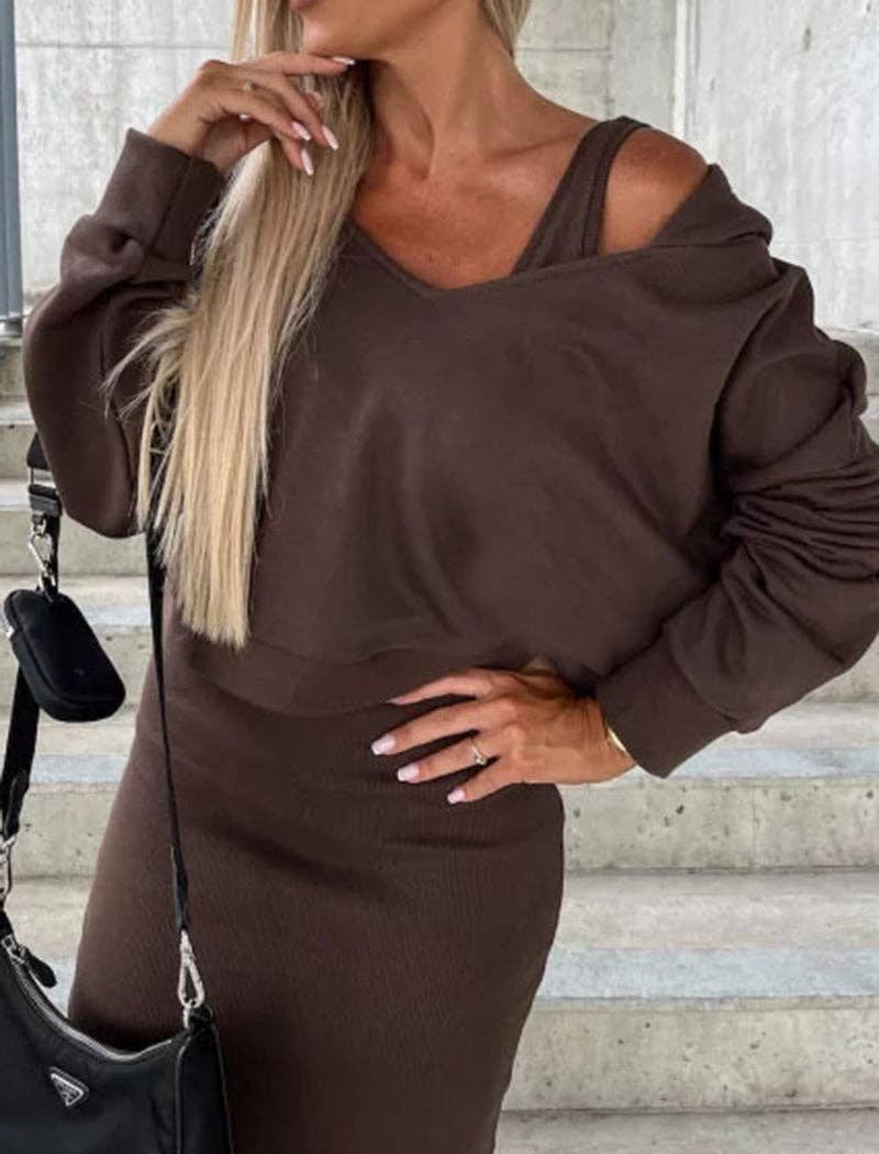 Hooded V-Neck Top and Sleeveless Midi Dress Set: GREY / S