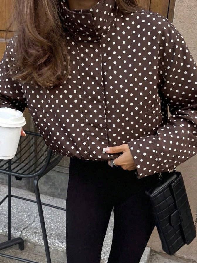 Polka Dot Woven Jacket Trendy Zip Up Stand Collar: White / 100%Polyester / S