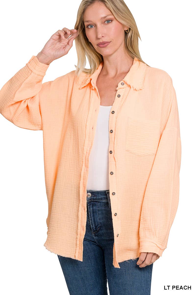 `Oversized Raw Edge Shirt W/ Back Patch Zenana: IVORY-147600 / S