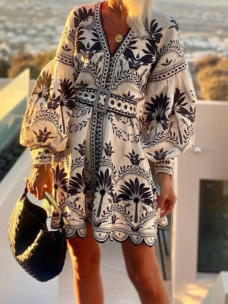 Graphic Long-Sleeve Mini Dress: MULTI / M