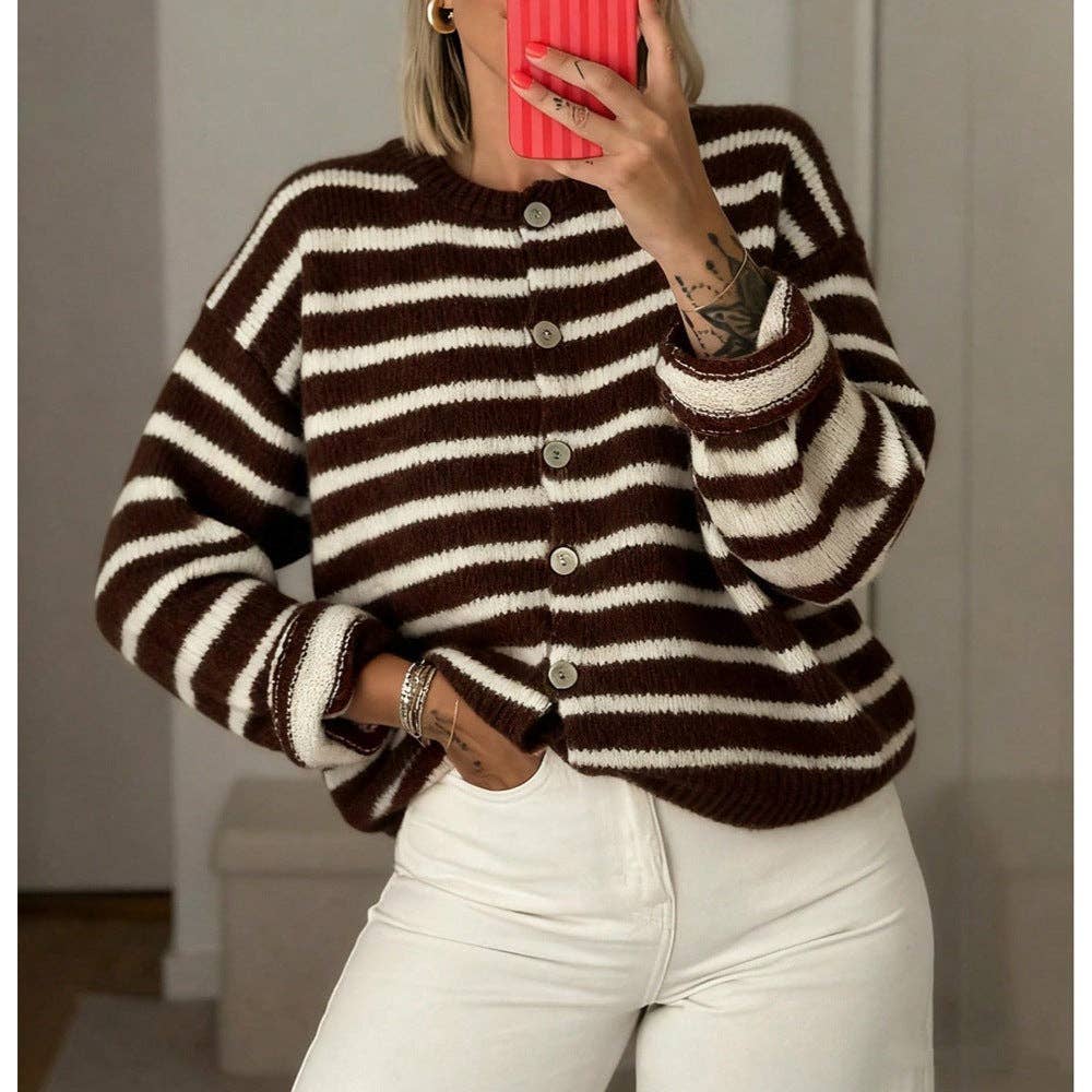 Striped Button Front Oversized Knit Cardigan: Red / 65%Polyester+30%Viscose   +5%Elastane / S