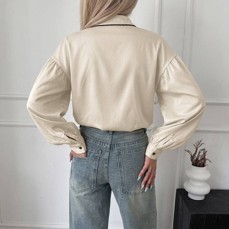 Women's Balloon Sleeve Contrast Trim Button Down Blouse: Beige / 97% Polyester+3% Elastane / S