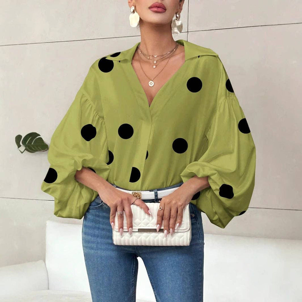 French Polka Dot Half-Open Collar Puff Sleeve Top: Black / 100% Polyester / S