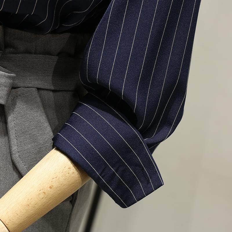 Autumn New Women's Striped Shirt Retro Vintage Office Wear: BLUE / S