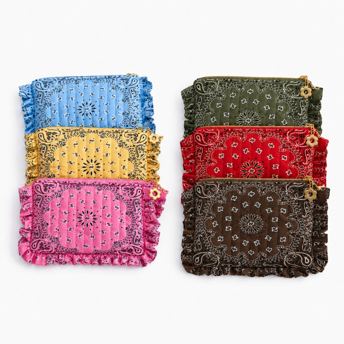 Ellison+Young Bandana Ruffle Everything Pouch, Quilted Cosmetic Case: Indie Pink