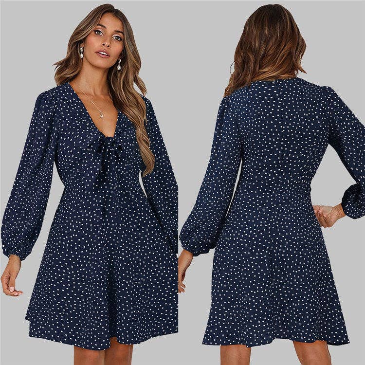 Tie Front Polka Dot Mini Dress: Black / Small