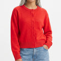 Crewneck Button-Front Knit Cardigan Sweater: Red / Small