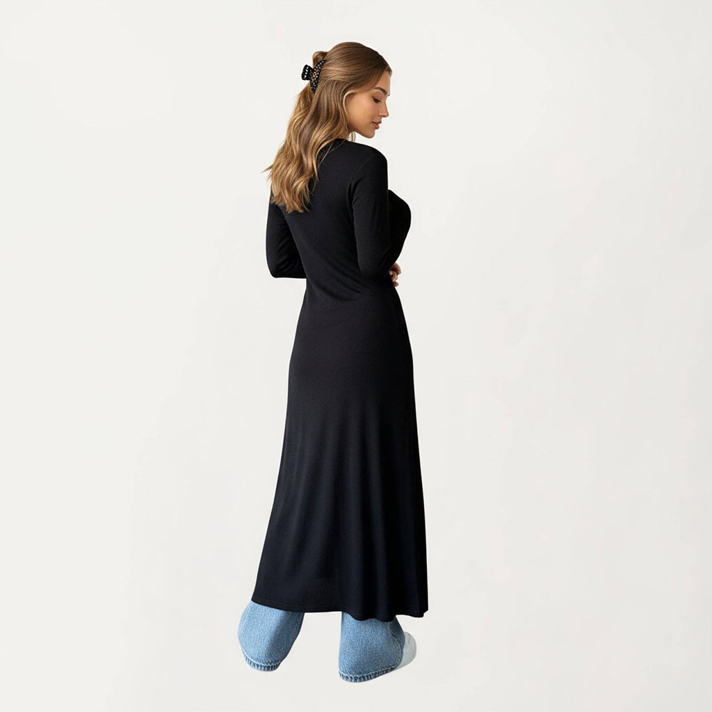 Long Sleeve Maxi Cardigan with Button Front and Deep Side Sl: Black / Small 4-6