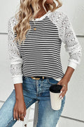 Black Stripe Textured Knit Contrast Hollowed Lace Patchwork Long Sleeve Top: Black Stripe / 97%Polyester+3%Elastane / XL