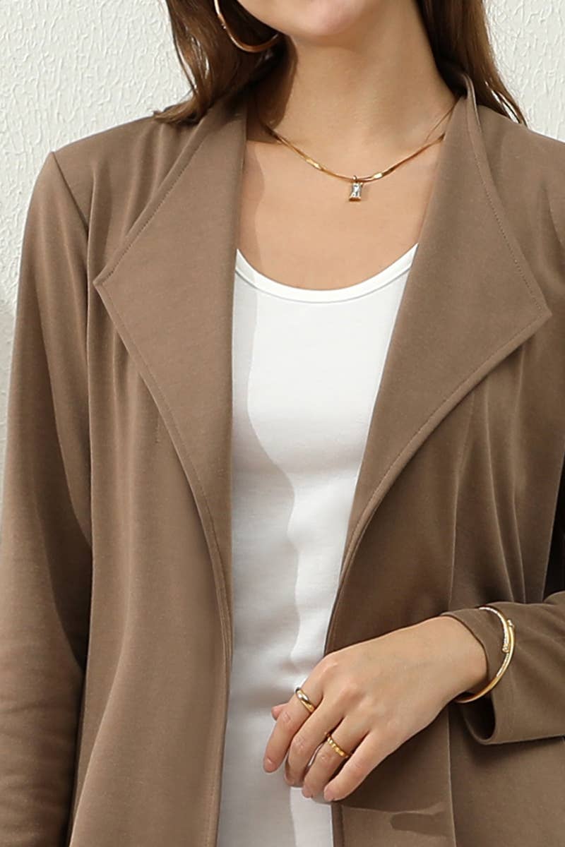 CWOCO153_DRAPE OPEN FRONT OFFICE TRENCH JACKET BLAZER: BROWN / (S) 1