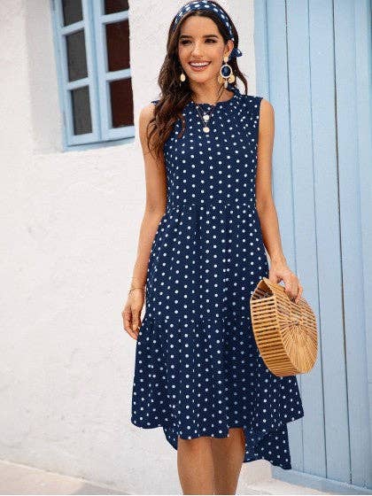POLKA DOT RUFFLE HEM MIDI DRESS: Blue / S