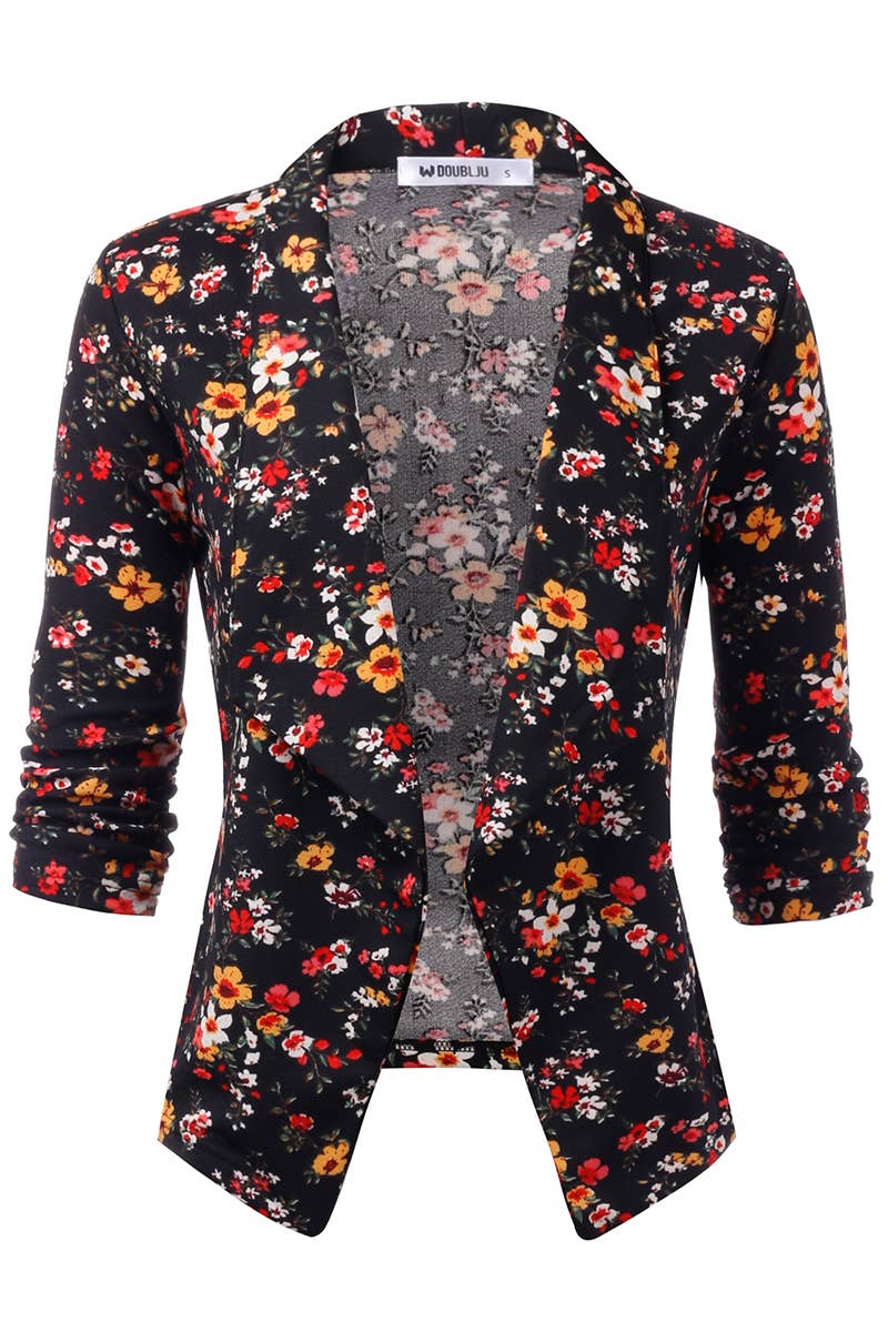 CWOBL091_Casual Work Ruched 3/4 Slv Open Front Blazer Jacket: STONE / (L) 1