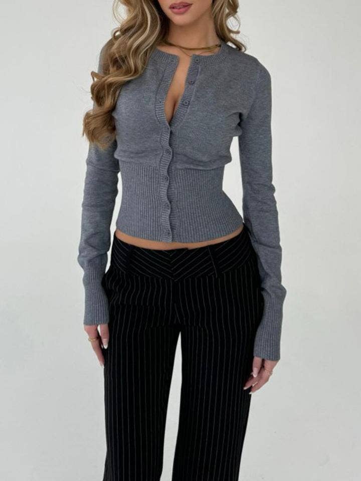 Ribbed Long Sleeve Button Front Cropped Cardigan: Gray / S