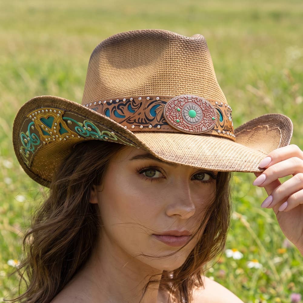 Studded Tooled Band Western Cowboy Hat: BK