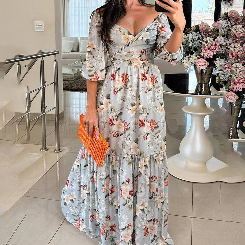 Elegant print V-neck long dress with wide skirt: Red / L
