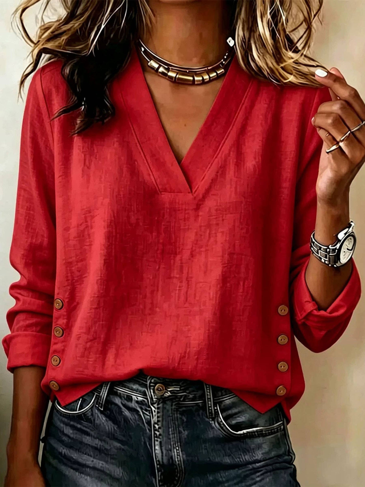 Women V Neck Cotton Linen Top Long Sleeve Side Button Top: Pink / S