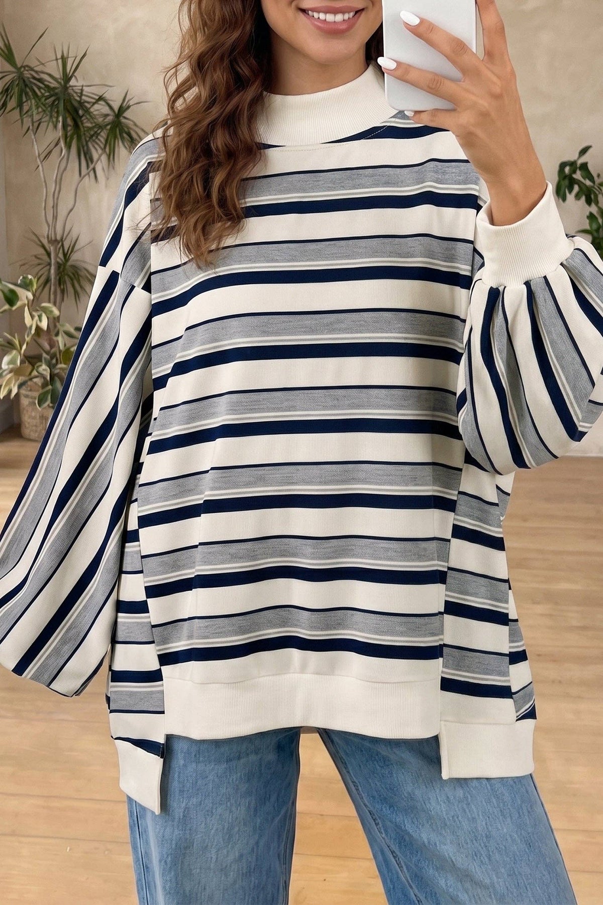 Blue Stripe Striped Ribbed Stand Neck Long Sleeve Shift Silhouette Sweatshirt: Blue Stripe / 95%Polyester+5%Elastane / S