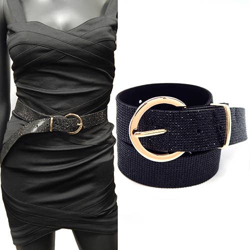 Rhinestone Patch Round Buckle Fashion Belt: Black