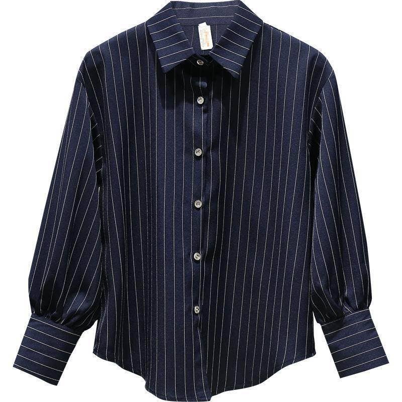 Autumn New Women's Striped Shirt Retro Vintage Office Wear: BLUE / S