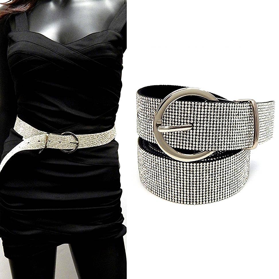 Rhinestone Patch Round Buckle Fashion Belt: Black