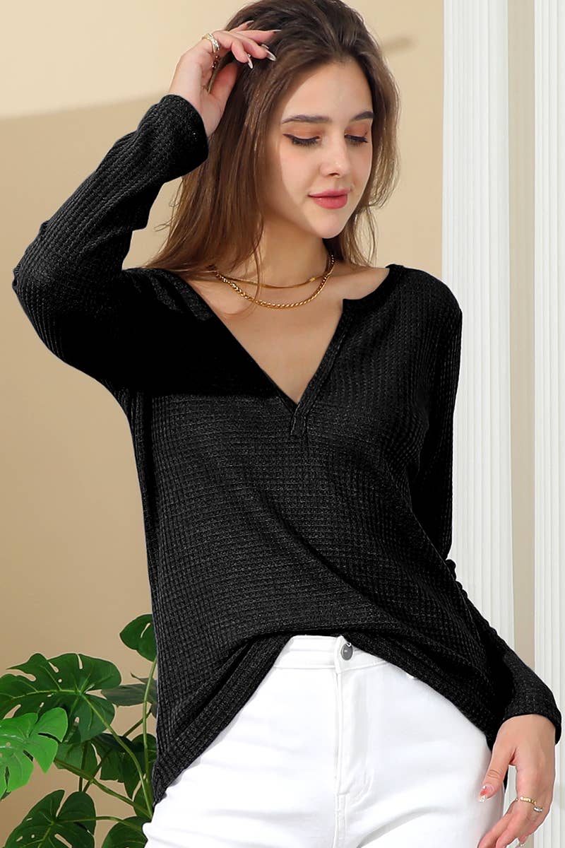 CWTTL1482_Casual V-Neck Loose Fit Long Sleeve Tops: MAUVE / (L) 1