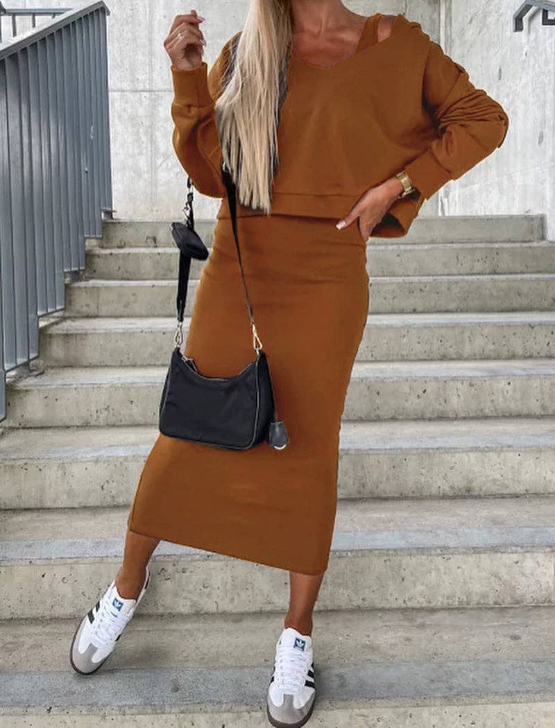 Hooded V-Neck Top and Sleeveless Midi Dress Set: GREY / S