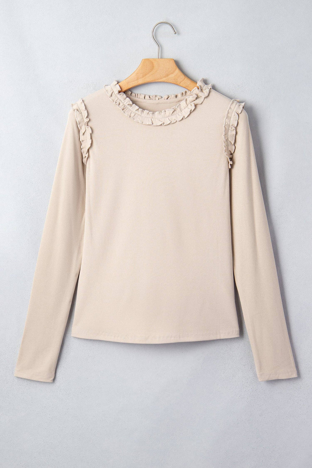 Beige Solid Color Round Neck Frill Detail Long Sleeve Top: Beige / XL