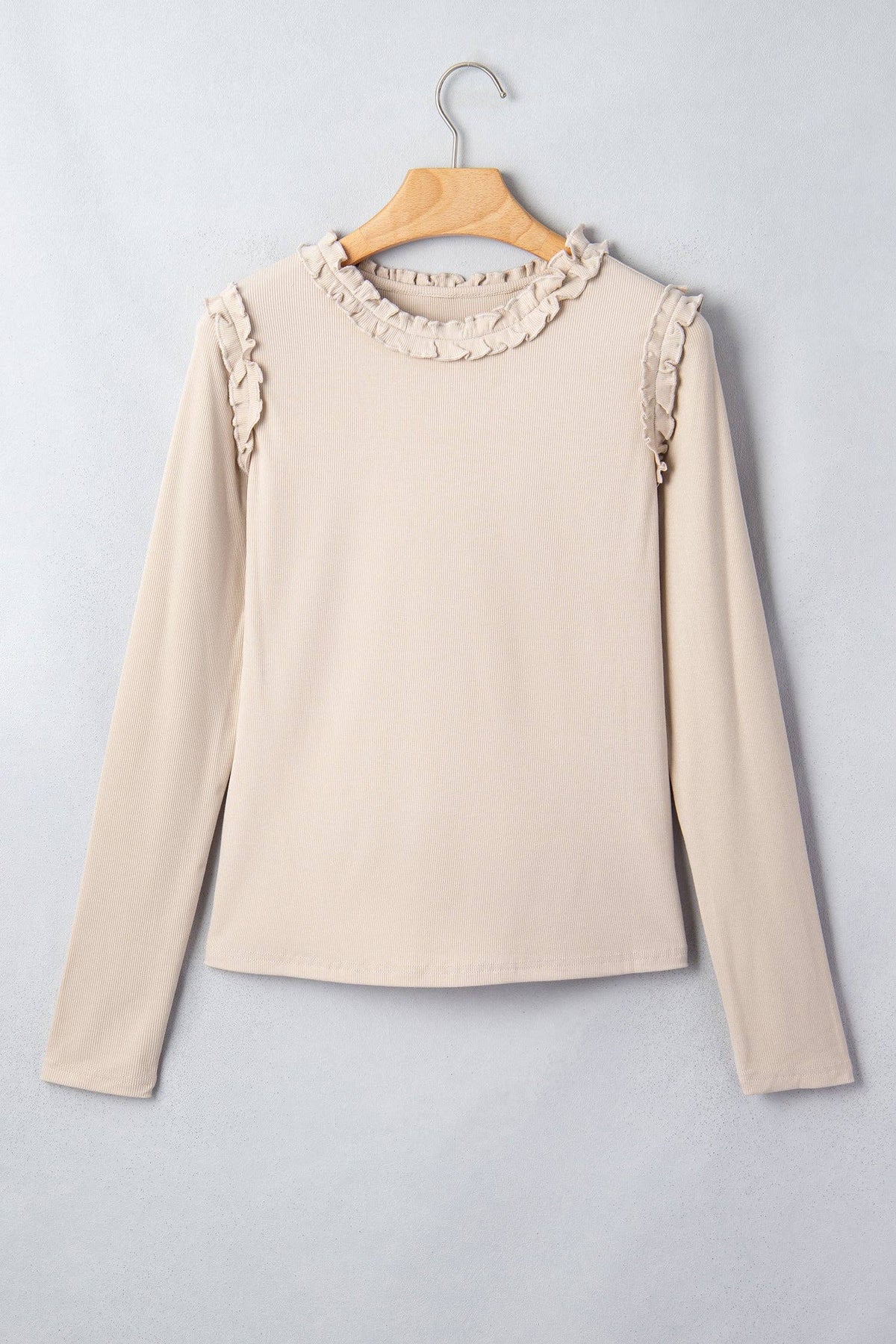 Beige Solid Color Round Neck Frill Detail Long Sleeve Top: Beige / XL