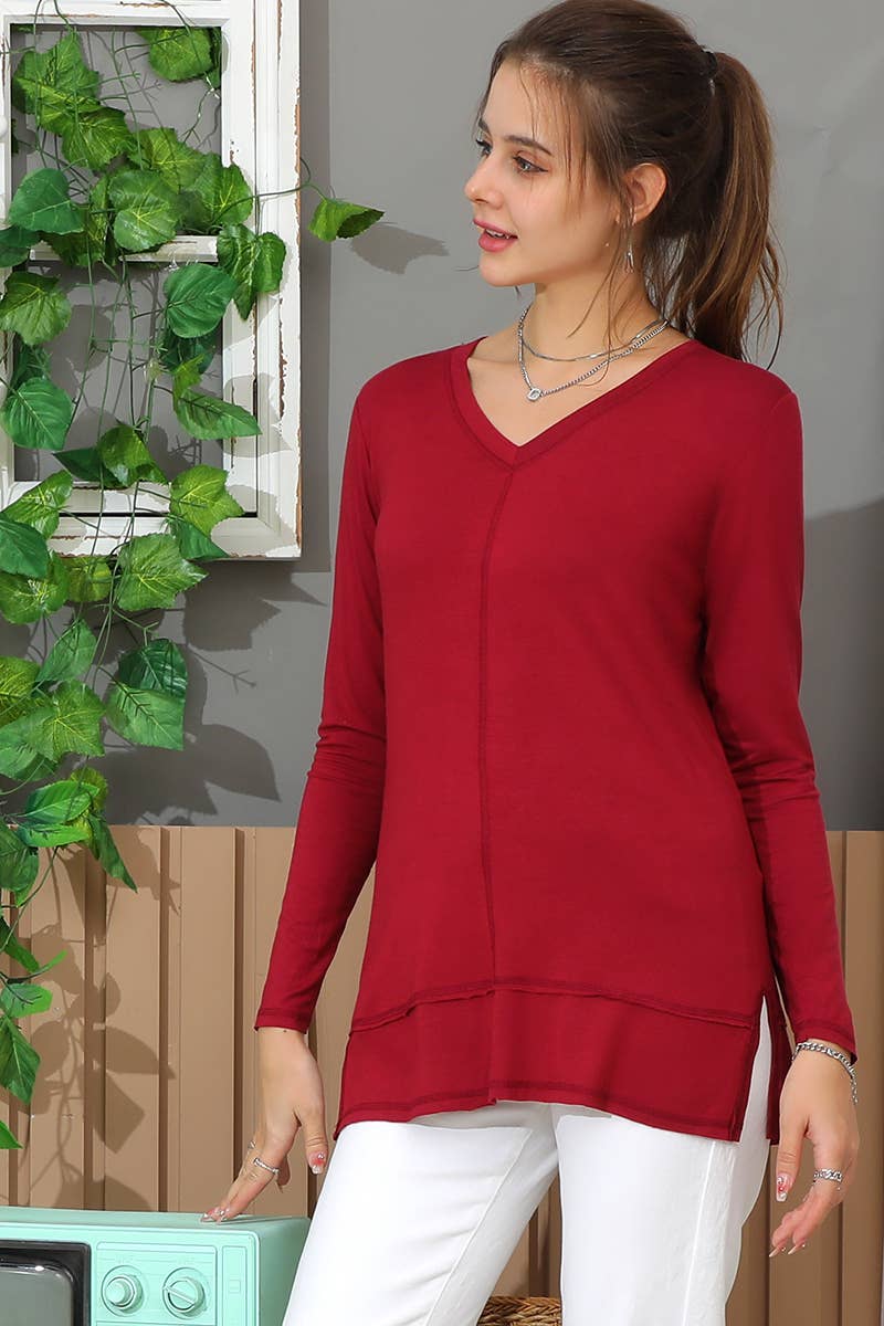 CWTTL1473_Casual V-Neck Loose Fit Long Sleeve Tops: White / (S) 1