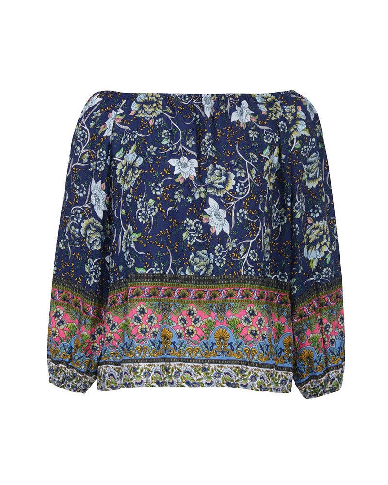 FLORAL LONG SLEEVE BLOUSE: Navy / XL