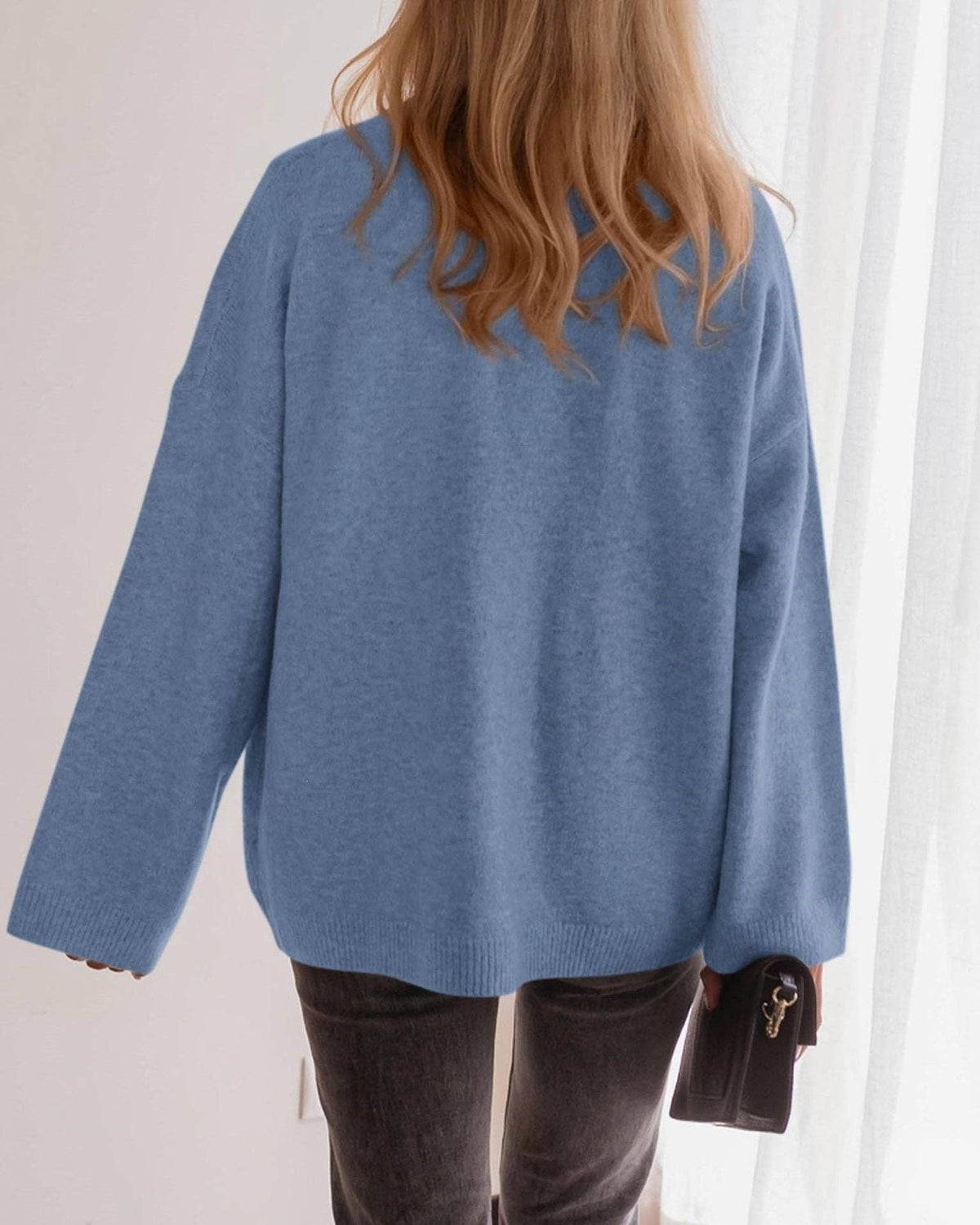 Oversized Button Front Pocket Knit Cardigan: Blue / 65%Polyester+30%Viscose+5%Elastane / S
