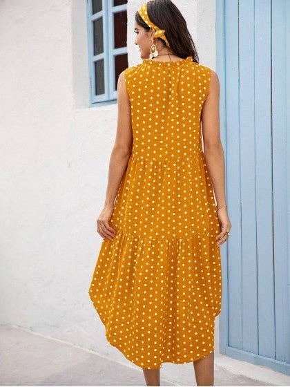 POLKA DOT RUFFLE HEM MIDI DRESS: Blue / S