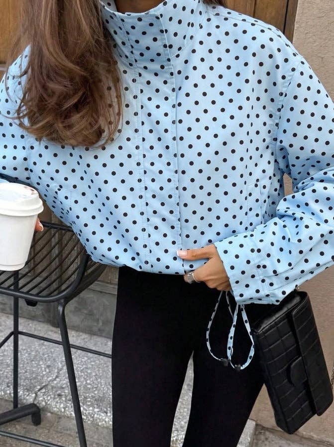 Polka Dot Woven Jacket Trendy Zip Up Stand Collar: White / 100%Polyester / S