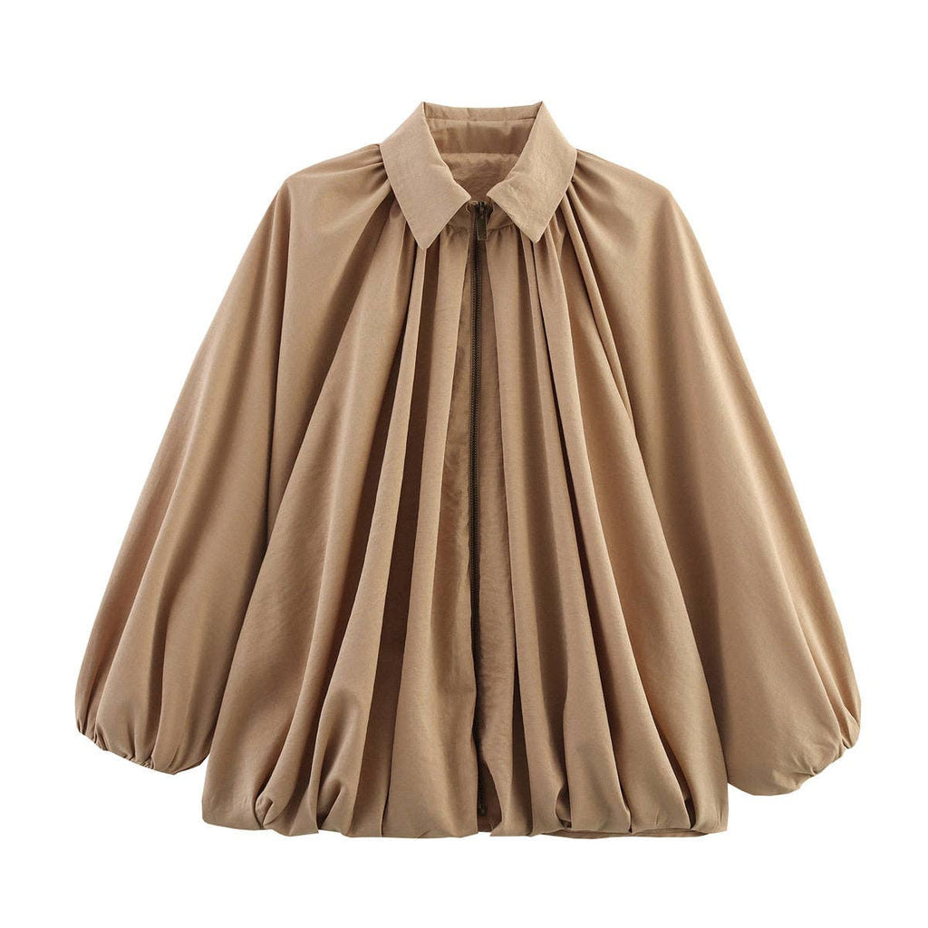 Pleated Collar Long Sleeve Jacket: Apricot / S