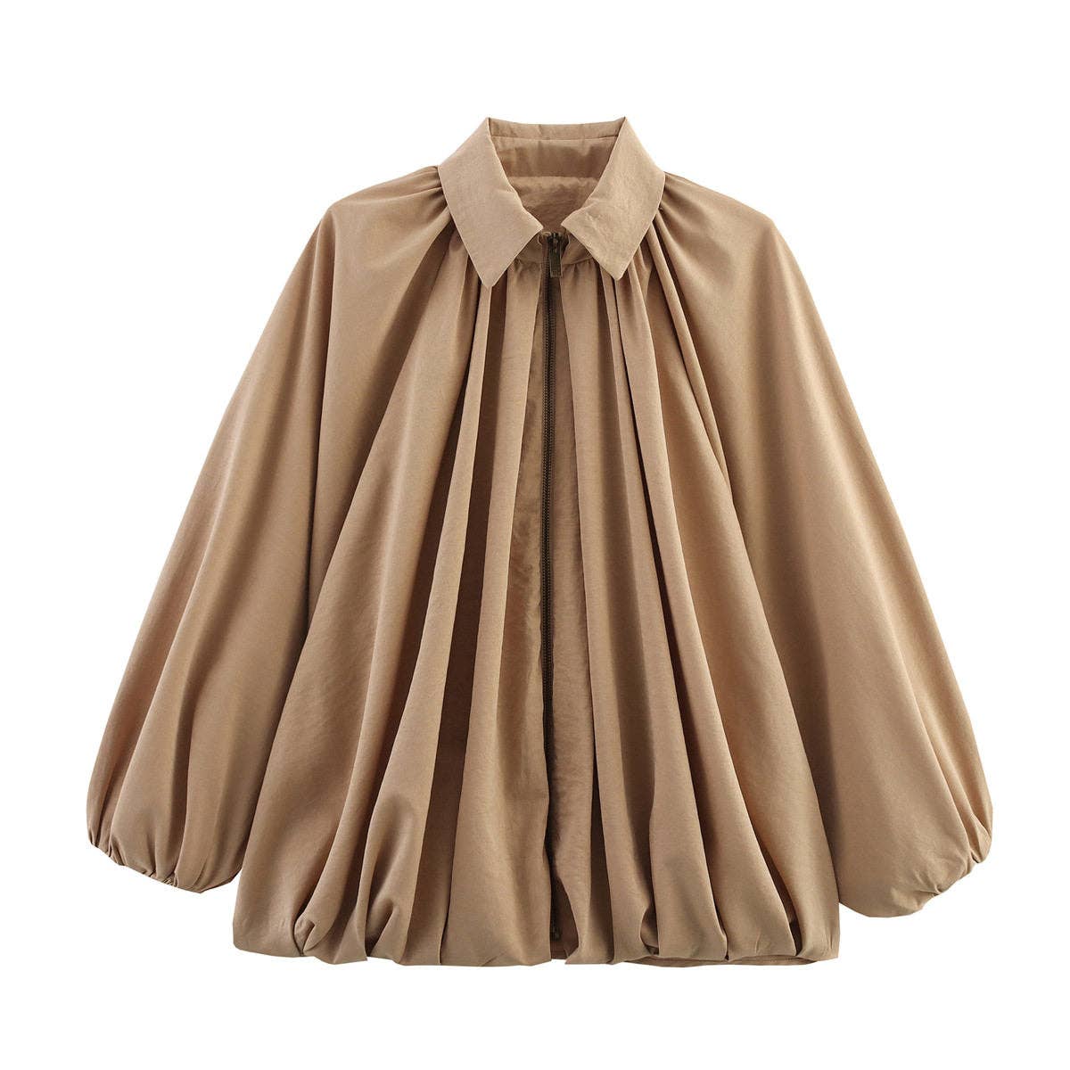 Pleated Collar Long Sleeve Jacket: Apricot / S