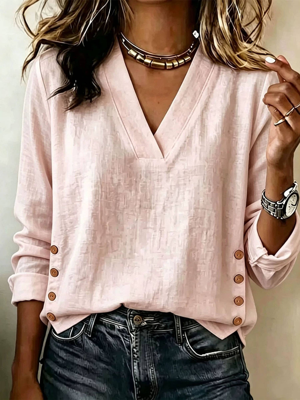 Women V Neck Cotton Linen Top Long Sleeve Side Button Top: Pink / XL