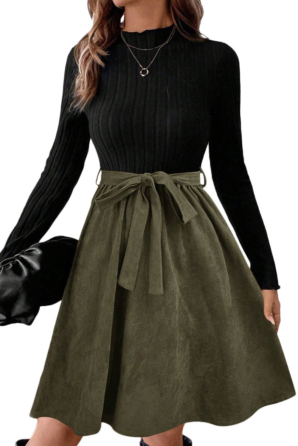 Black Ribbed Knit Slim Bodice Contrast Flared Skirt Patchwork Belted Dress: Black / 95%Polyester+5%Elastane / M