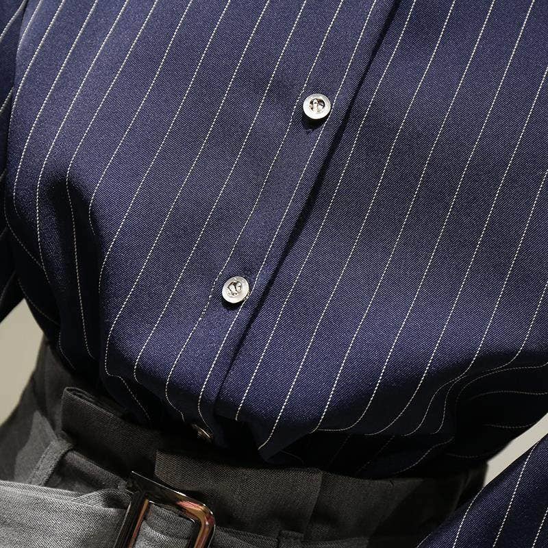Autumn New Women's Striped Shirt Retro Vintage Office Wear: BLUE / S