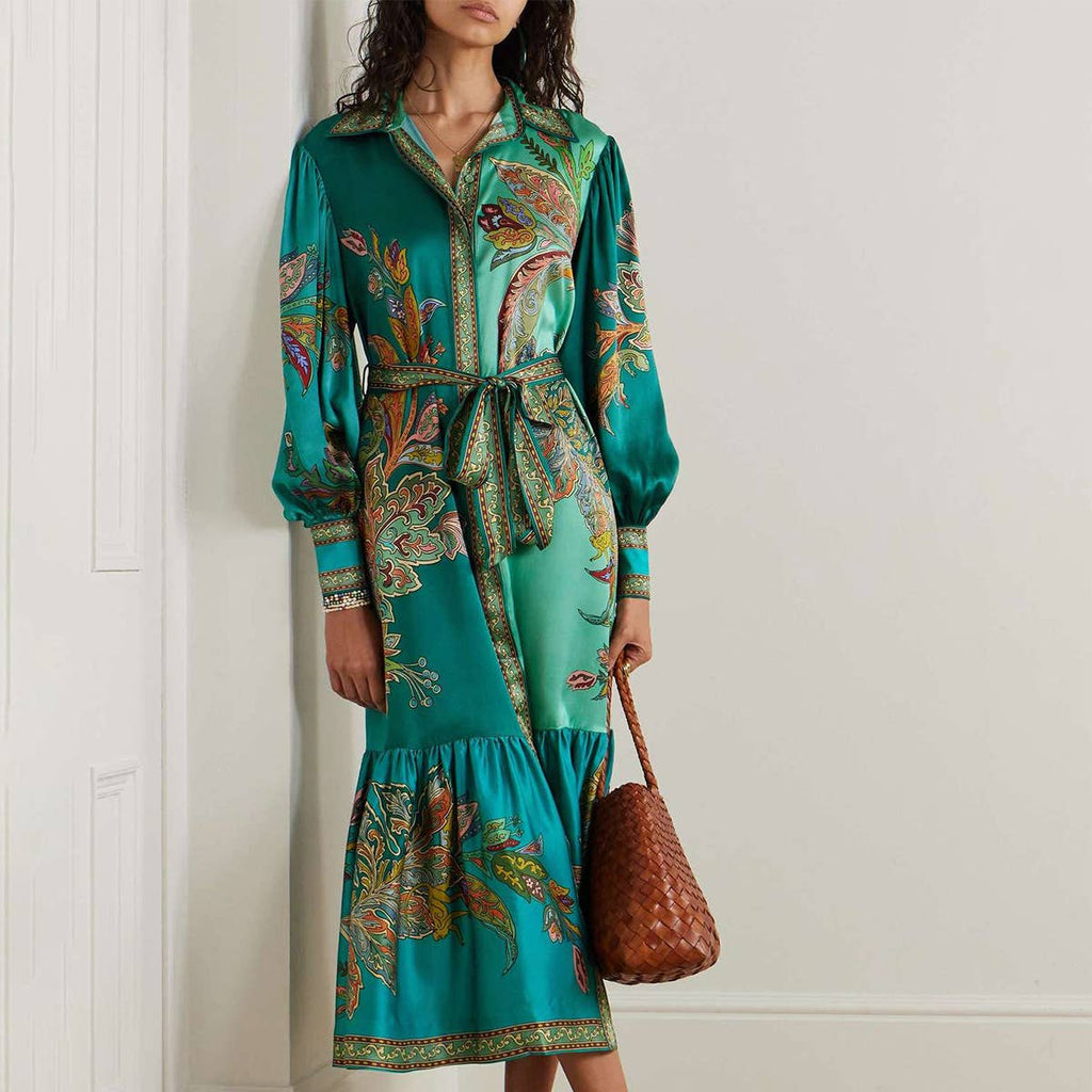 VINTAGE PRINT DRESS WITH LAPEL LANTERN SLEEVES: PEACOCKGREEN / (XL) 1