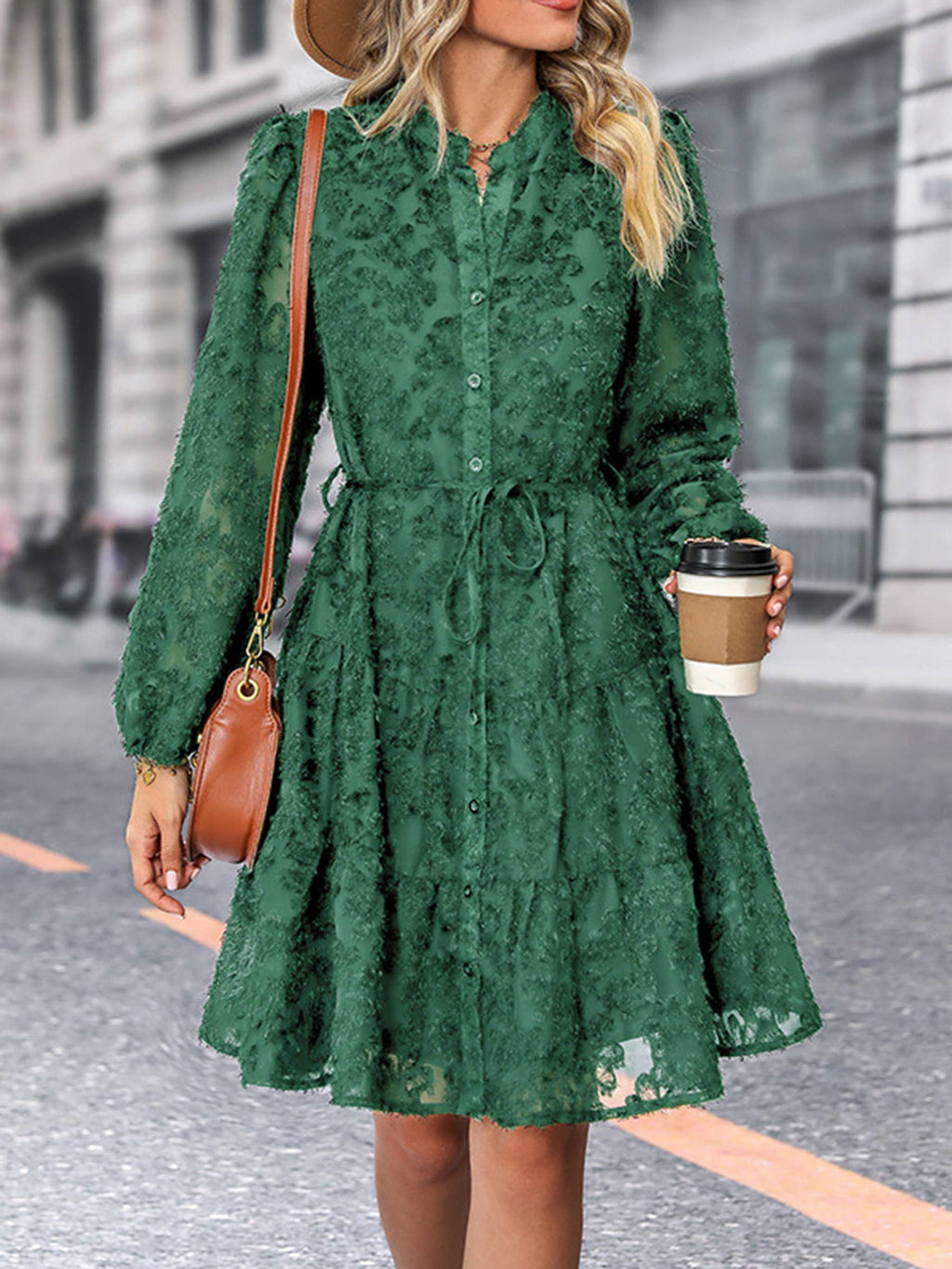 Long Sleeved Lace Jacquard Dress: Beige / M