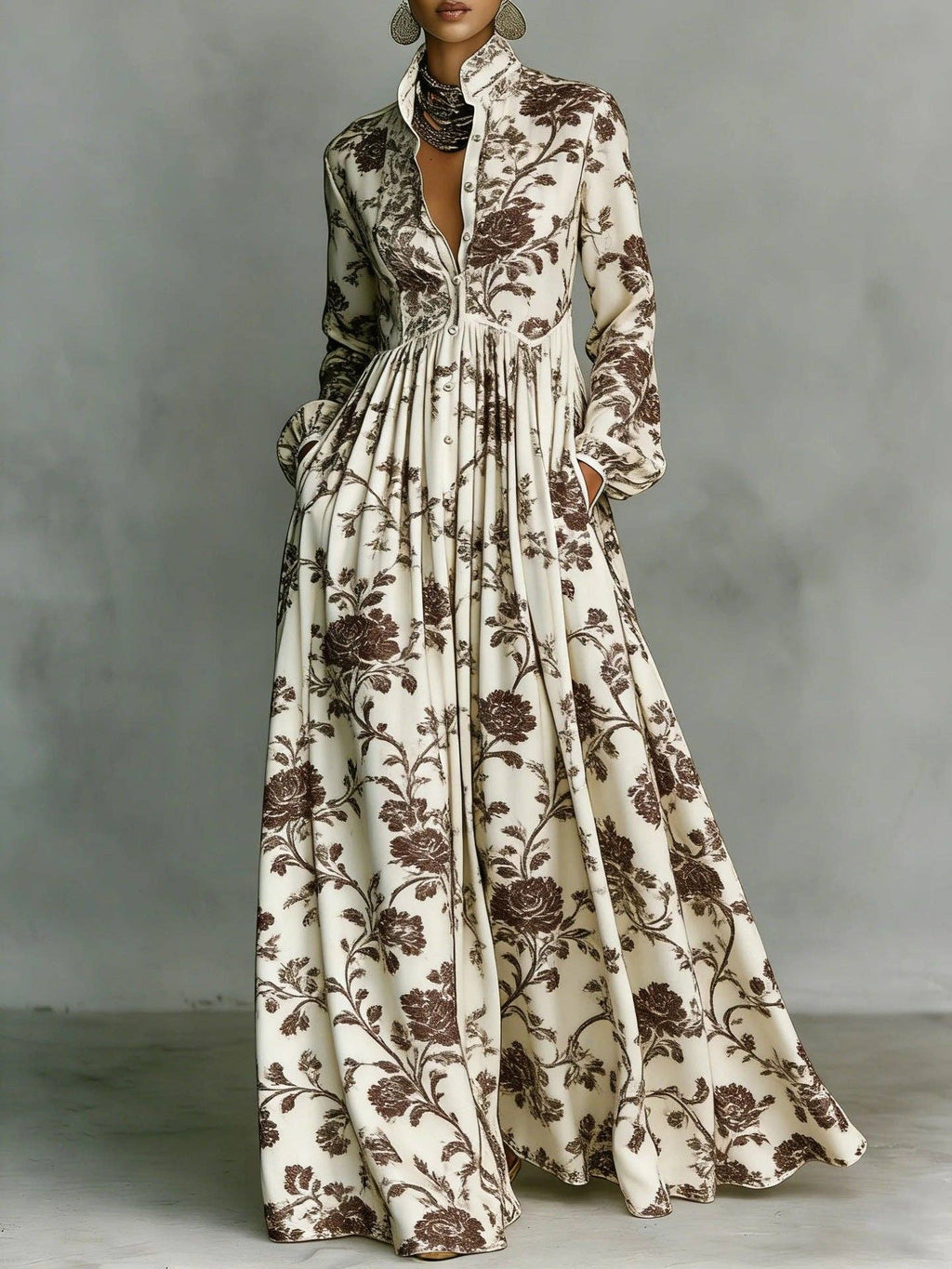 Vintage Floral Maxi Dress Long Sleeve Button Down Pockets: Brown / 100%Polyester / XL