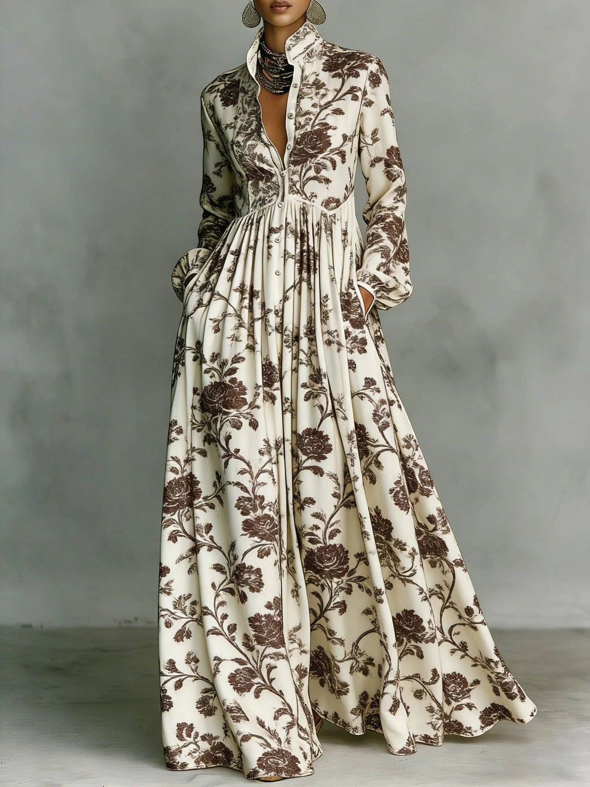 Vintage Floral Maxi Dress Long Sleeve Button Down Pockets: Brown / 100%Polyester / XL