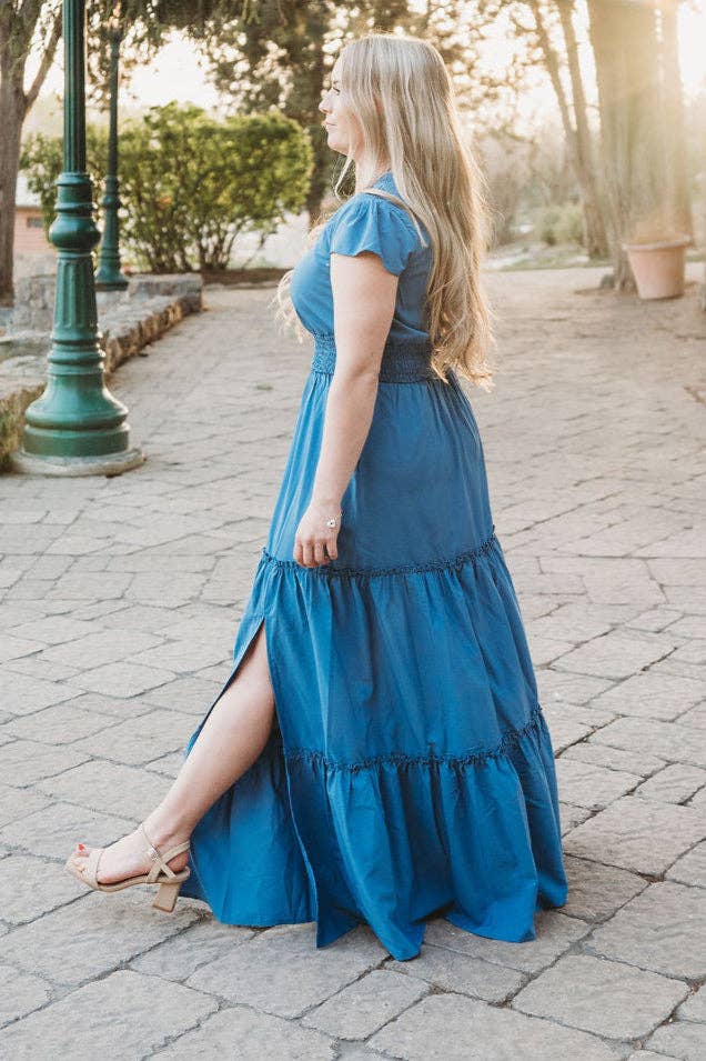 Annabelle Polka Dot  Split Maxi Dress: Light Blue / Medium