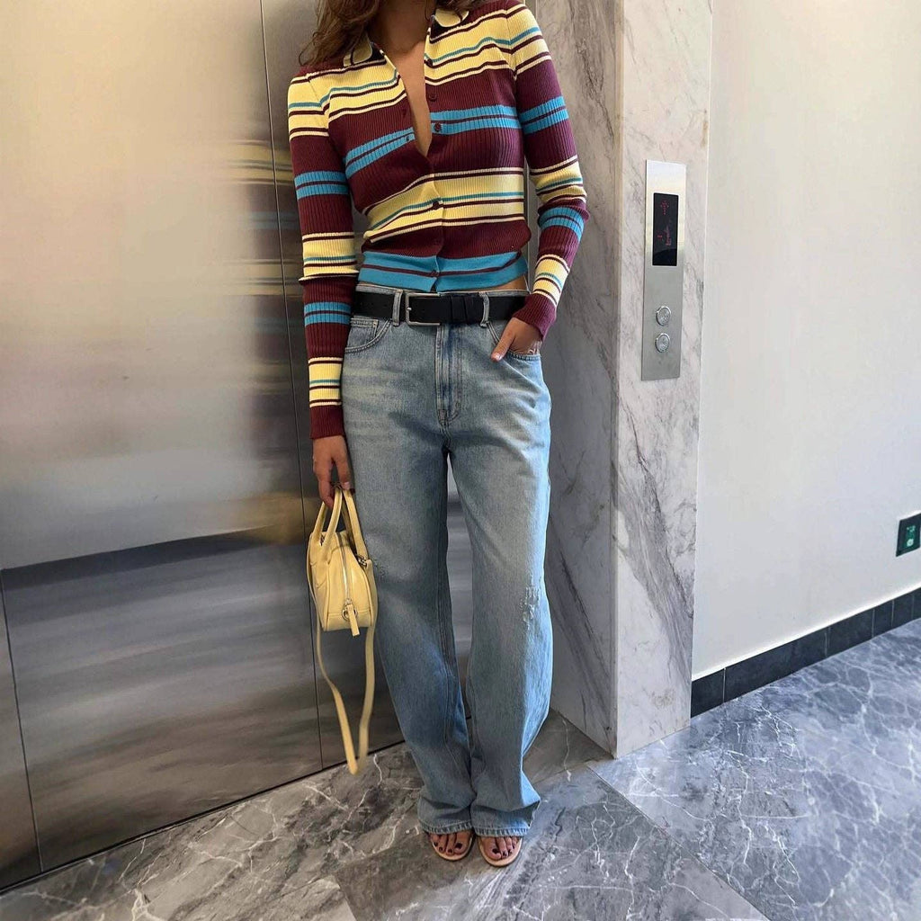 Long Sleeve Striped Cardigan Women's Retro Knit Sweater Slim Fit Autumn Casual Top: STRIPES / S