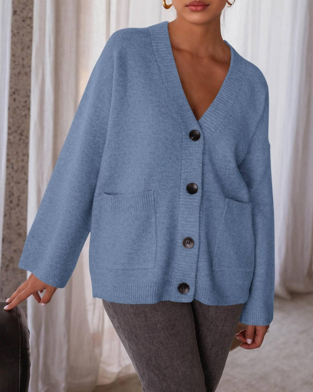 Oversized Button Front Pocket Knit Cardigan: Blue / 65%Polyester+30%Viscose+5%Elastane / S