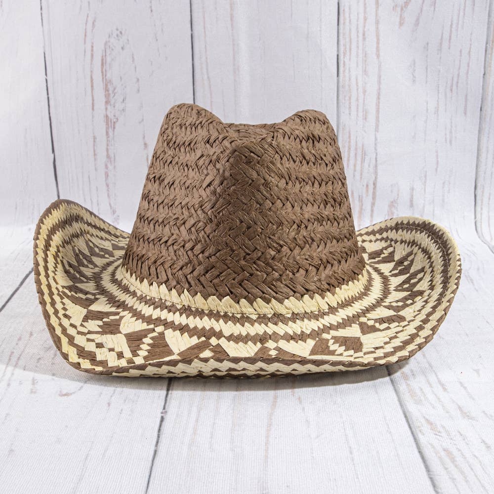 Aztec Patterned Brim Two Tone Straw Cowboy Hat: BR