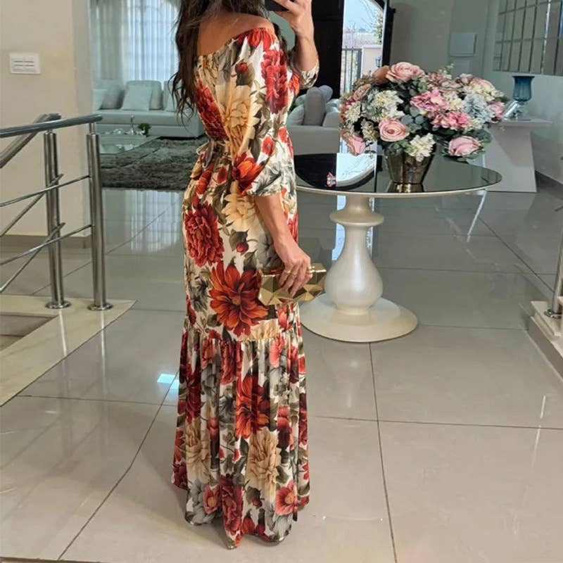 Elegant print V-neck long dress with wide skirt: Red / XL