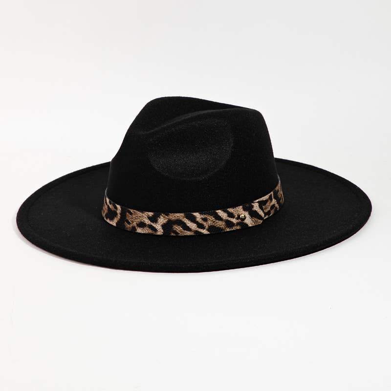 Leopard Strap Flat Brim Fedora Hat: BE